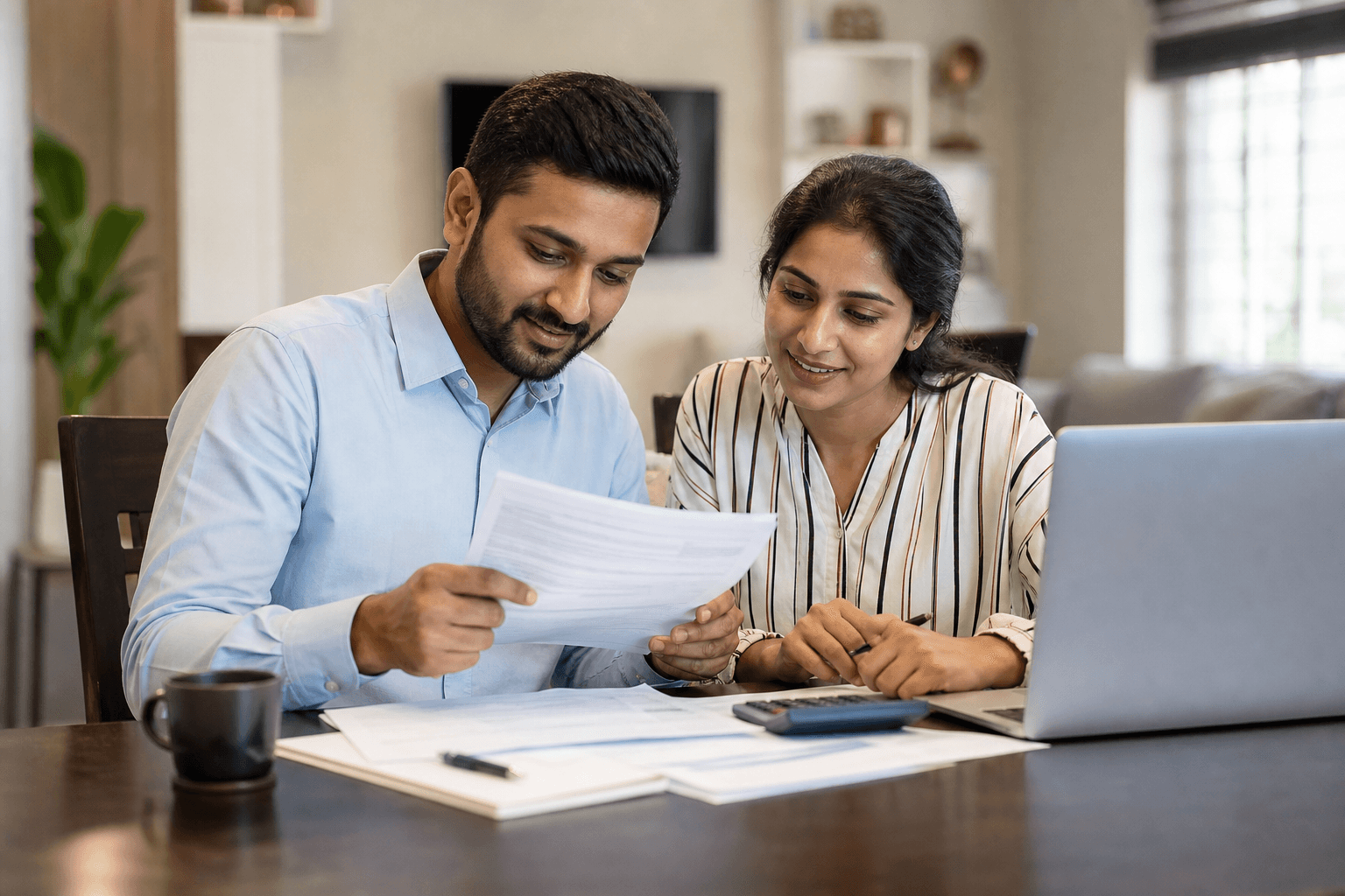 Indian couple in the USA reviewing tax paperwork together